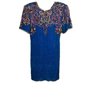 3591)Vtg 80 Laurence Kazar NY Silk Blue Beaded Sequin Dress Medium